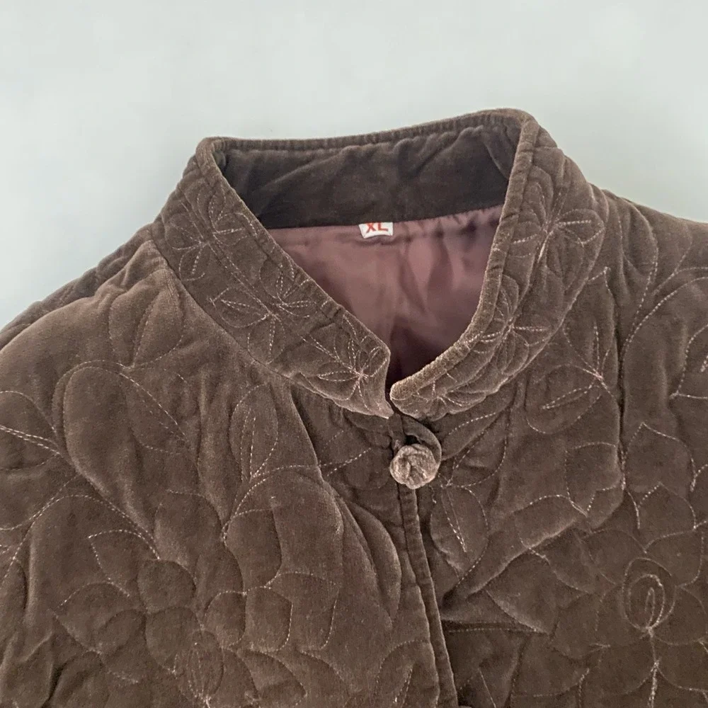 VTG Quilted Womens Quilted Velvet Jacket XL Chocolate Brown Lined Embroidered - Picture 4 of 12